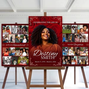 May include: A memorial display on an easel, featuring a central portrait of a smiling woman, Destiny Smith, with the dates March 17, 1970 - March 2, 2026. The display includes collages of photos and the phrases "Always Remembered" and "Never Forgotten."