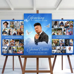 May include: A blue and white memorial collage with a photo of a man in the center. The collage is divided into three sections, with the top section reading "Honoring The Legacy Of Jamal Carter August 23, 1972 - November 2, 2025". The left and right sections are filled with photos of the man's family and friends. The left section has the text "Always Remembered" and the right section has the text "Never Forgotten".