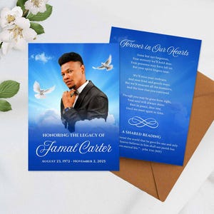 Gebedskaartsjabloon, bewerkbaar Canva Obituary Memorial-programma, hemelse blauwe hemel, viering van het leven, In Loving Memory Keepsake