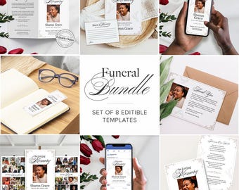 Funeral 8 Bundle Set, Printable Editable Canva Template, Celebration of Life Obituary, In Loving Memory Keepsake