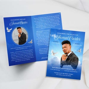 8 Page Funeral Program Template, Editable Canva Obituary Memorial Program, Heavenly Blue Sky Celebration of Life, In Loving Memory Keepsake