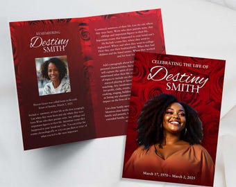 May include: A red and white memorial card with a photo of a woman and the text "Remembering Destiny Smith" and "Celebrating the Life of Destiny Smith".