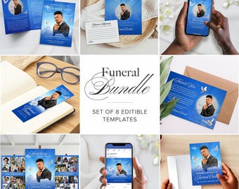 Funeral 8 Bundle Set, Printable Editable Canva Template, Heavenly Blue Sky Celebration of Life, In Loving Memory Keepsake