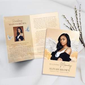 8 Page Funeral Program Template, Golden Heavenly Angel Obituary Memorial Program, Editable Canva Modern Design,  In Loving Memory Keepsake