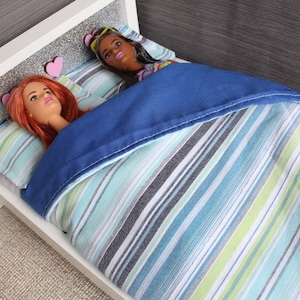 Dollhouse Bedding Set for Bed, Cot Pram Doll House Furniture with Miniature Pillows, 1:6 Scale Duvet for 12 inch fashion doll - Blue Stripes