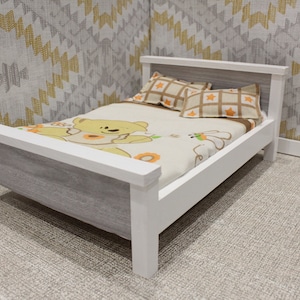 Miniature Dollhouse Bed for 12 inch doll Furniture – 6th Scale – 1:6 scale for doll bedroom – Wooden with Grey Wood Effect