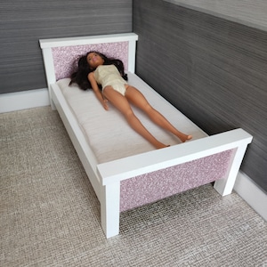 Bed Single Bed Wooden Pink Glitter - for 12 inch fashion doll Furniture - 1:6 Scale - Handmade