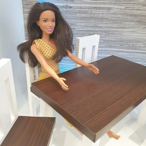 Dining Room Table and Chairs Set, Dark Oak, Dollhouse Furniture, Wooden for 12 inch fashion doll Scale 1:6