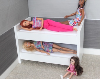 Dollhouse Bunk Bed for 12 inch Doll - 1:6 Scale Bed - Modern Bed Design - 1/6 Size Miniature Doll Furniture