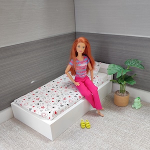 1:6 Scale Dollhouse Furniture – Silver and White Wooden Doll Bed – Fits 12 Inch Dolls – Miniature Bedroom Accessory