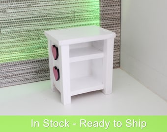 Bedside Table - Doll Furniture - Wooden - White with Pink Hearts - 1:6 Scale - Handmade - for 12 inch fashion dolls