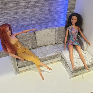 Sofa and Chaise Lounge Couch - Silver for 12 inch fashion doll House Furniture 1:6 Scale - Handmade