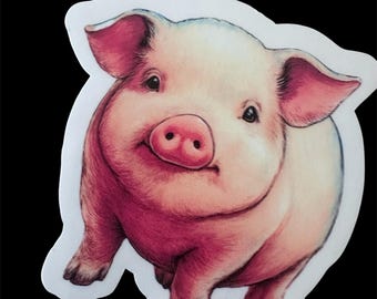 May include: A sticker featuring a cheerful pig illustration. The pig has a pink snout, ears, and legs, with a white and light pink body. The sticker is outlined with a white border against a black background.