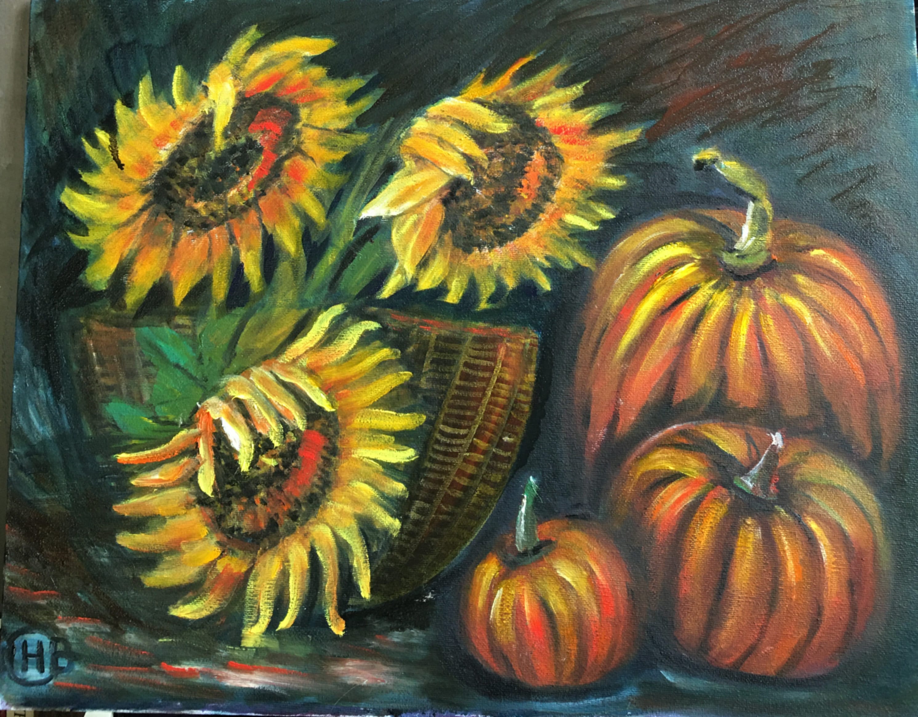Sunflowers Painting Pumpkin Painting Still Life Original Art Etsy