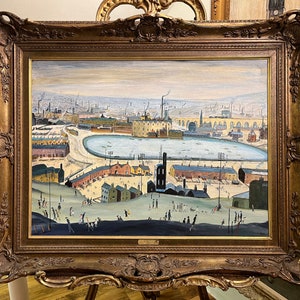 May include: A framed painting depicting a cityscape with a large body of water in the foreground. The painting is in a gold frame with ornate details. The painting is titled "The City" and signed by the artist.