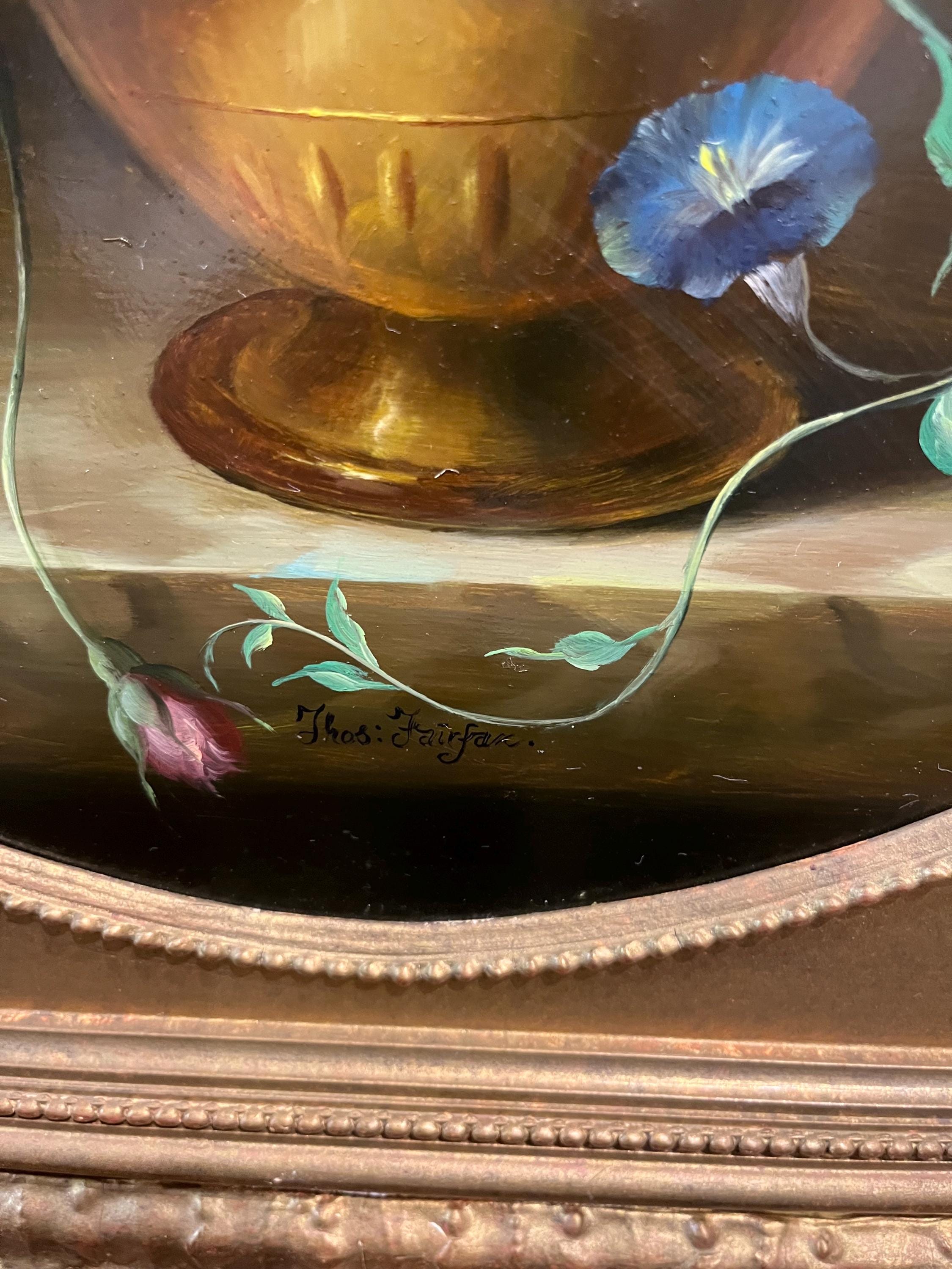 大型油絵 イギリスの花瓶に描かれた花の風景 / 20世紀半ばのオールド