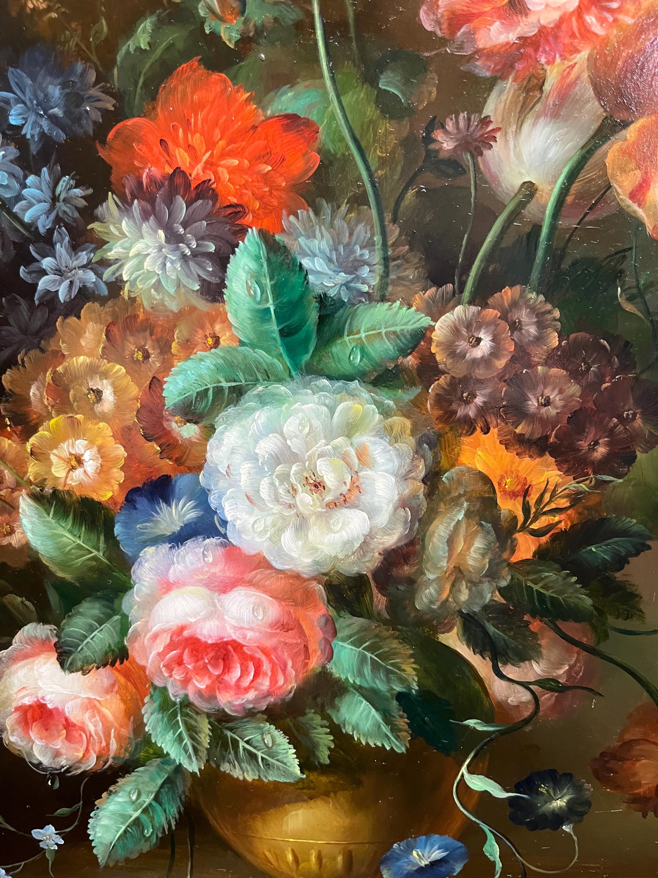 イギリス/アイルランドヴィンテージ油彩画　花瓶の花 金の豪華な装飾フレーム付き 大型油絵 イギリスの花瓶に描かれた花の風景 / 20世紀半ばのオールド