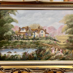 LARGE ORIGINAL Oil PAINTING Pat Langton Lovely Cottage 20th Century in a Swept Gold Gilt Frame