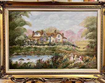 LARGE ORIGINAL Oil PAINTING Pat Langton Lovely Cottage 20th Century in a Swept Gold Gilt Frame