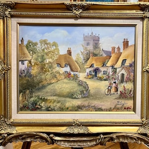 ORIGINAL OIL PAINTING Pat Langton Lovely Cottage 20th Century in a Swept Gold Gilt Frame