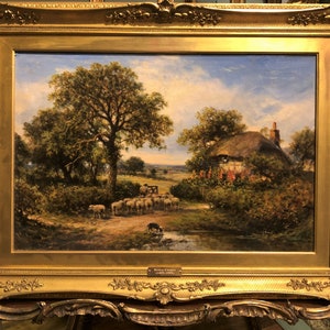 OIL PAINTING LARGE Old Master Henry Cooper ( 1859 - 1934 ) Lovely Cottage Scene 19th Century in a Original Swept Gold Gilt Frame