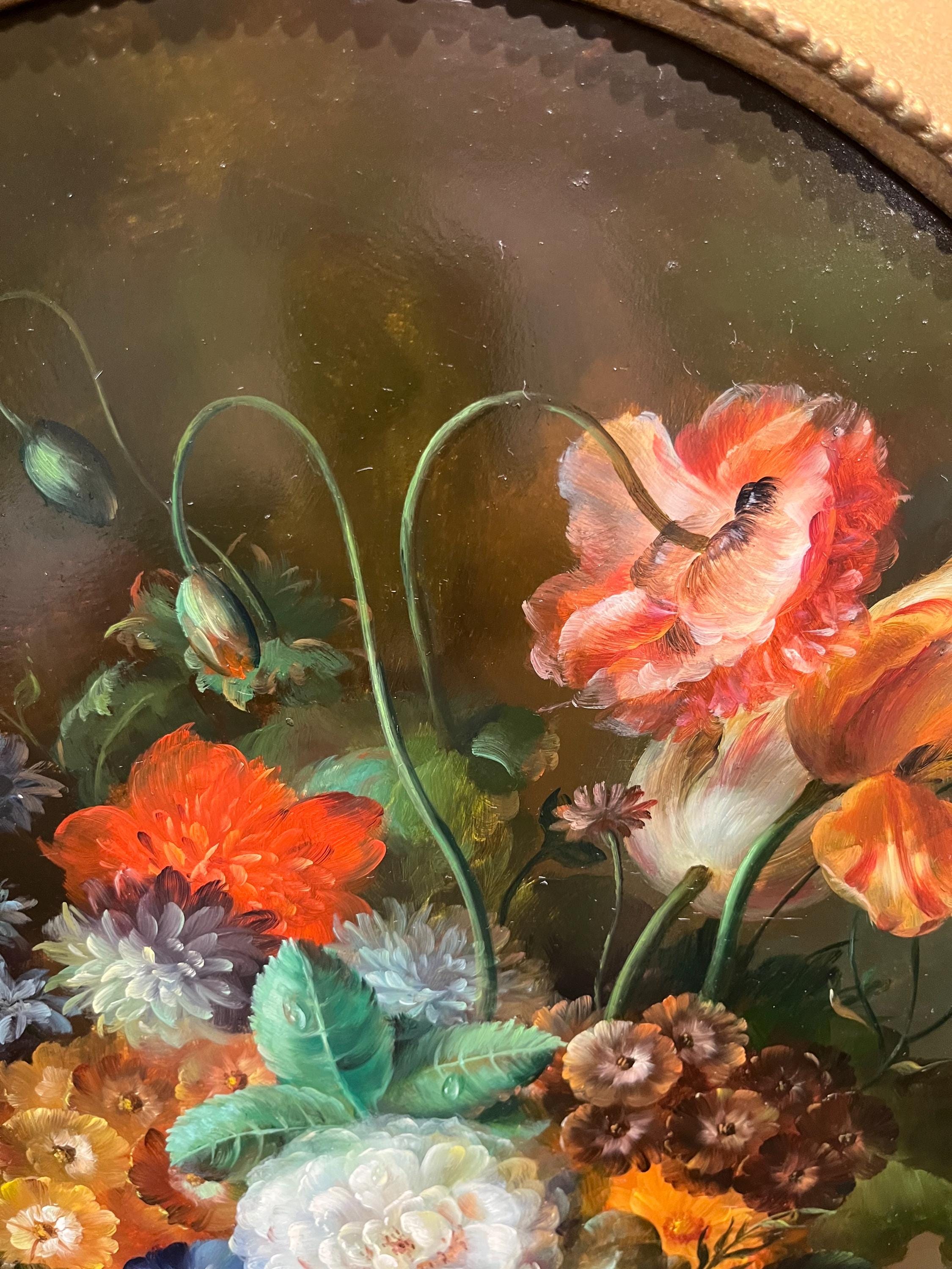 イギリス/アイルランドヴィンテージ油彩画　花瓶の花 金の豪華な装飾フレーム付き 大型油絵 イギリスの花瓶に描かれた花の風景 / 20世紀半ばのオールド