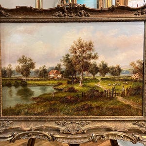 OIL PAINTING LARGE Old Master Graham Thompson 1851 - 1925 Lovely Cottage Meadow Scene 19th Century in a Original Swept Gold Gilt Frame