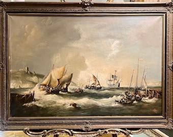STUNNING OIL PAINTING ( Wonderful Frame ) H M S Man of War stormy Sea's Master 20th Century piece ( Old Master Style ) Gold gilt Frame