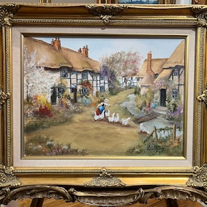 ORIGINAL OIL PAINTING Pat Langton Lovely Cottage 20th Century in a Swept Gold Gilt Frame
