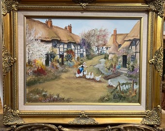 ORIGINAL OIL PAINTING Pat Langton Lovely Cottage 20th Century in a Swept Gold Gilt Frame