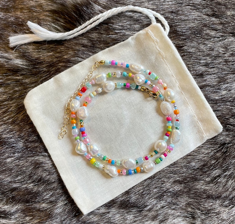 Multicoloured beaded necklace Freshwater Pearls Colourful beads Handmade Adjustable Customisable image 1