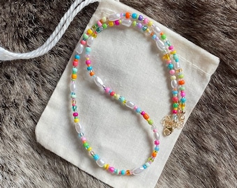 Multicoloured beaded necklace | Faux Pearls | Colourful beads | Handmade | Adjustable | Customisable