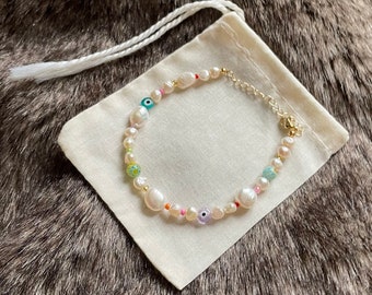 Freshwater Pearl bracelet | | Evil eye beads | Gemstones | Handmade | Gold-plated | Adjustable