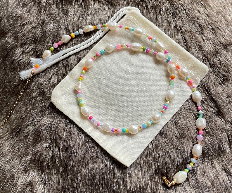 Multicoloured beaded necklace Freshwater Pearls Colourful beads Handmade Adjustable Customisable image 5