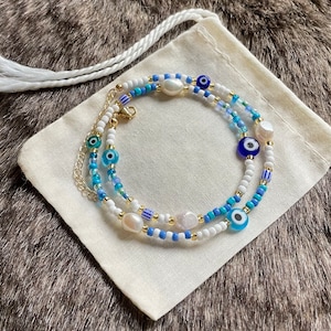 Blue & white beaded necklace | Freshwater Pearls | Evil eye beads | Handmade | Adjustable | Customisable