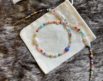 Multicoloured beaded necklace | Freshwater Pearls | Colourful beads | Handmade | Adjustable | Customisable