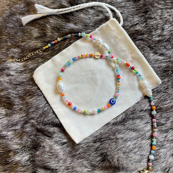 Multicoloured beaded necklace | Freshwater Pearls | Colourful beads | Handmade | Adjustable | Customisable