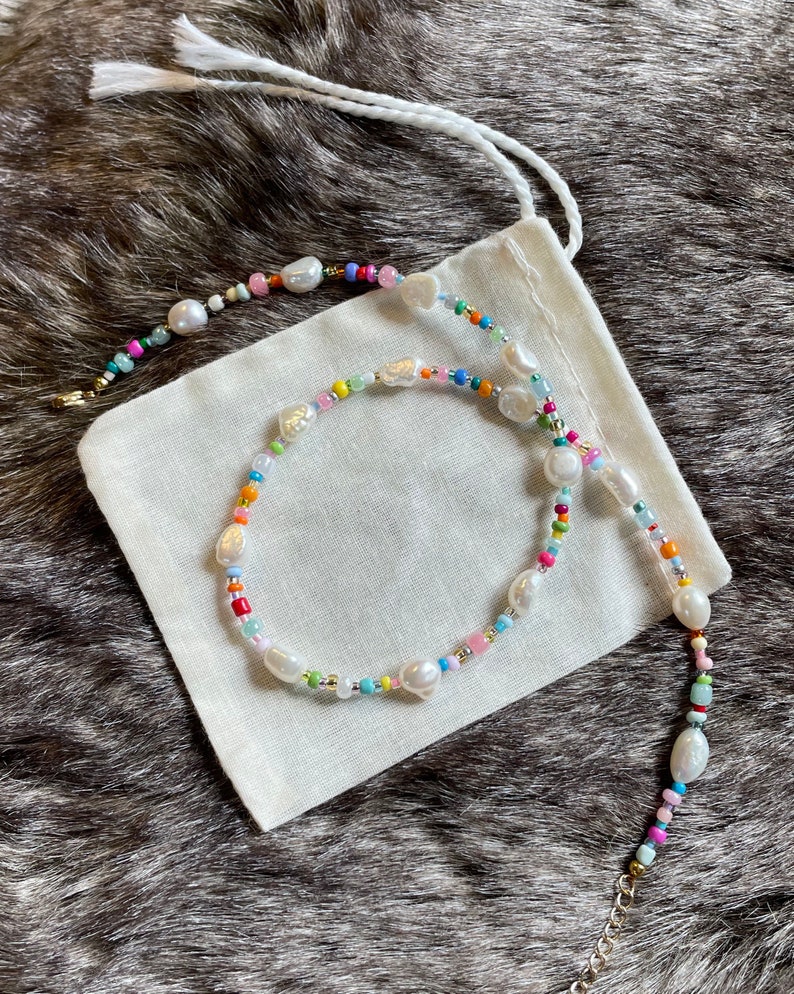 Multicoloured beaded necklace Freshwater Pearls Colourful beads Handmade Adjustable Customisable image 4