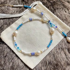 Blue & white beaded necklace | Freshwater Pearls | Handmade | Adjustable | Customisable