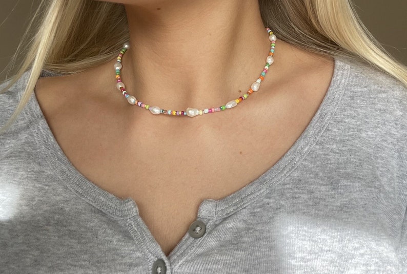 Multicoloured beaded necklace Freshwater Pearls Colourful beads Handmade Adjustable Customisable image 2