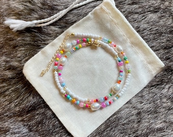 Multicoloured beaded necklace | Freshwater Pearls | Colourful beads | Handmade | Adjustable | Customisable