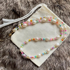 Multicoloured beaded necklace Freshwater Pearls Colourful beads Handmade Adjustable Customisable image 6