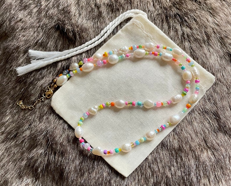 Multicoloured beaded necklace Freshwater Pearls Colourful beads Handmade Adjustable Customisable image 6