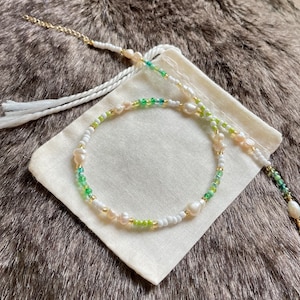 Green & white beaded necklace | Freshwater Pearls | Handmade | Adjustable | Customisable