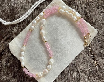 Freshwater Pearl necklace | Rose quartz gemstone beads | Adjustable | Handmade | Gold-plated