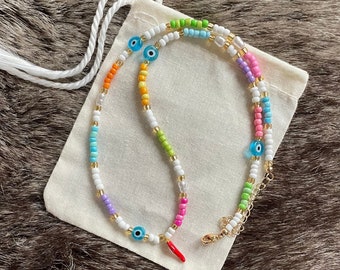 Multicoloured beaded necklace | Chilli charm | Colourful beads | Handmade | Adjustable