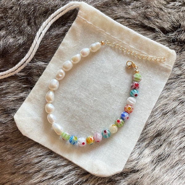 Freshwater Pearl bracelet | Millefiori beads | Handmade | Gold-plated | Adjustable