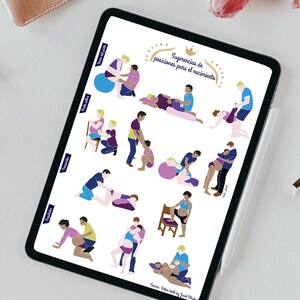 Op de afbeelding: Een digitale illustratie van 10 verschillende bevallingsposities. De illustratie is minimalistisch met een witte achtergrond en kleurrijke silhouetten van een zwangere persoon en een partner. De tekst in de afbeelding luidt "Sugerencias de posiciones para el nacimiento", wat vertaald wordt als "Suggesties voor bevallingsposities".