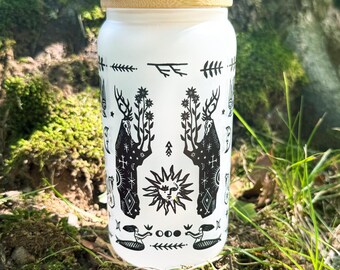 Witchy Folk Art Glass Tumbler | Vintage Folk Art Gift | Forest Folk Art Tumbler | Gift for Witch | Scandinavian Folk Art Gift | Witch Gift