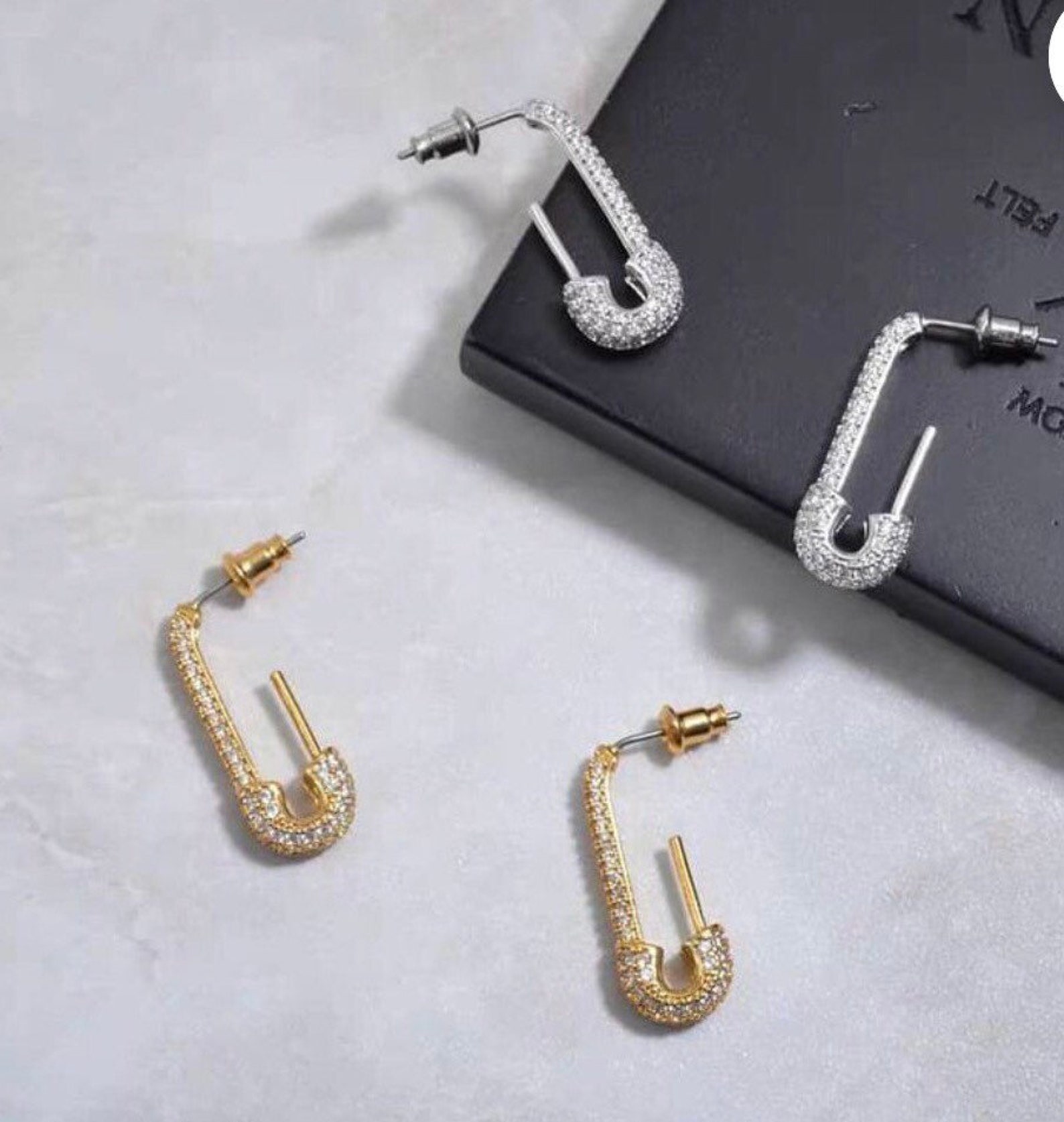 Punk Safety Pin Gold Stud Earrings Rhinestone Glitter Etsy